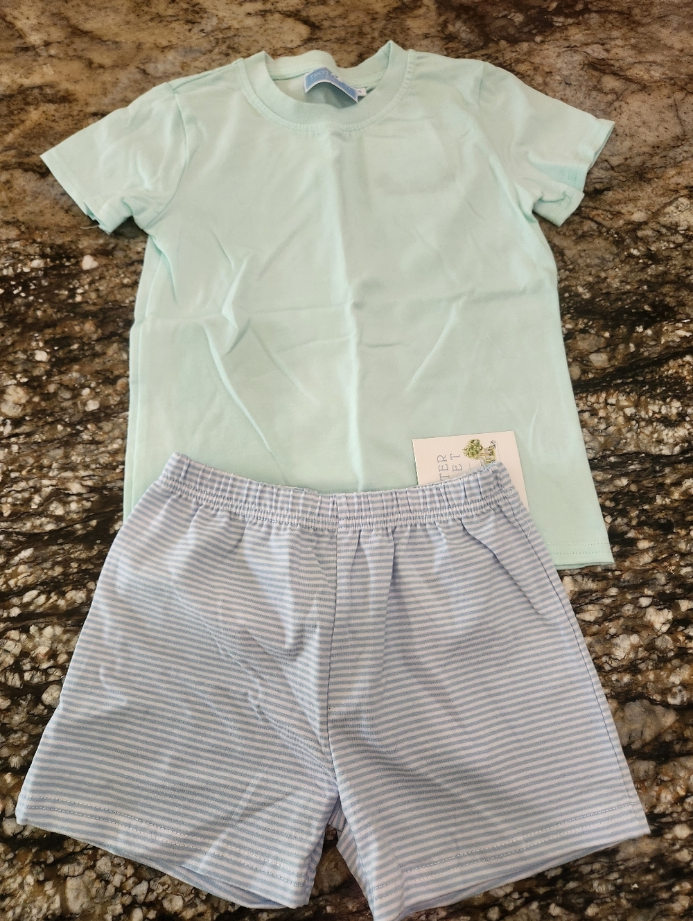 Kids Mint Green Short Sleeve Top & Light Blue Striped Shorts Pajama Set